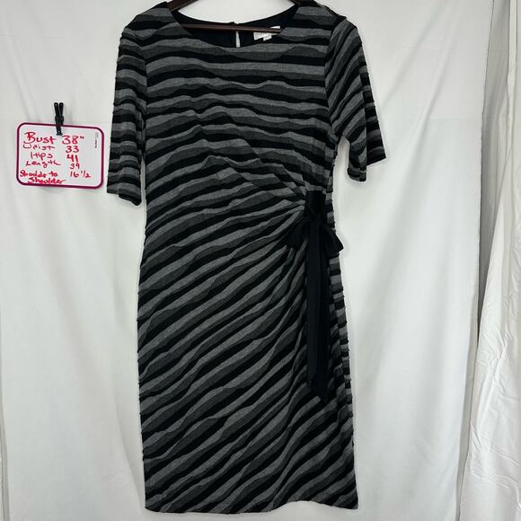 Dress Barn Striped Sheath Dress Black Gray Asymmetrical Rouching 16P Whimsygoth - Picture 1 of 4